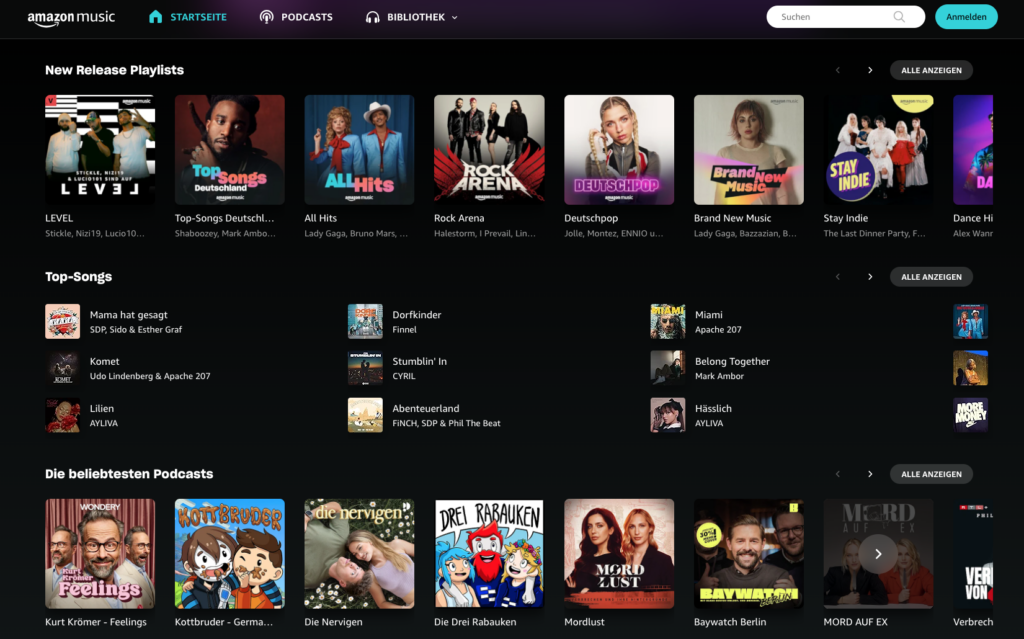 Die Startseite von Amazon Music. Es sind Playlists so wie Künstler bzw. Top-Songs abgebildet. 