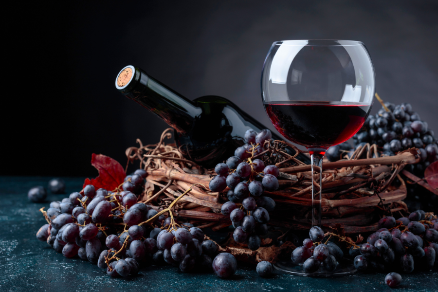 Flasche mit Korken, Rotwein im Weinglas und rote Trauben, saisonale Frucht im Herbst