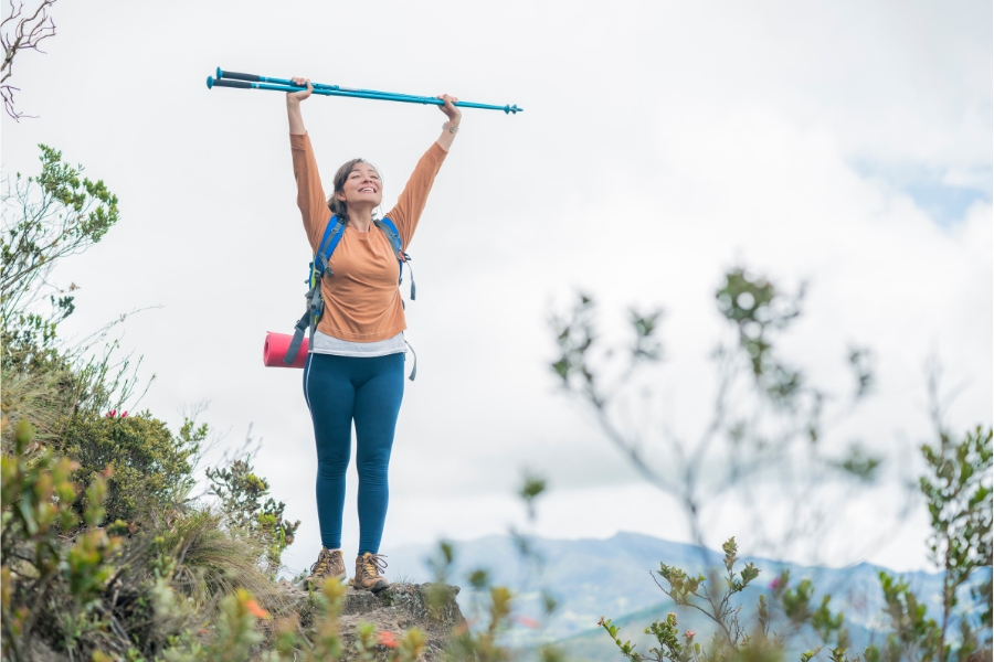 Frau hält Wanderstecken in der Hand, auf dem Berg