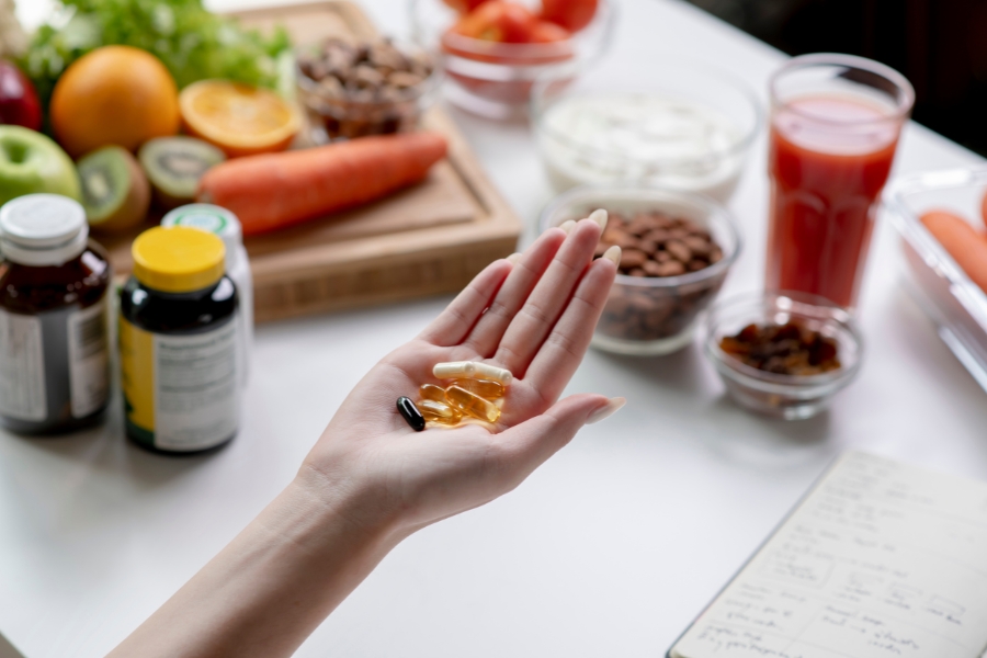 Obst, Gemüse, Nüsse, Vitamine, Mineralstoffe und Pillen in einer Hand: Nahrungsergänzungsmittel