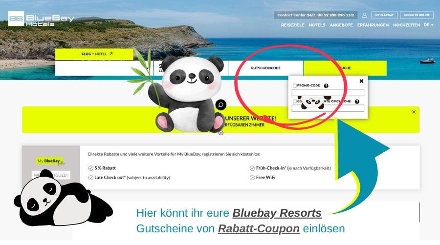 Webseite von Bluebay Resorts, markiertes Feld für Promo-Code