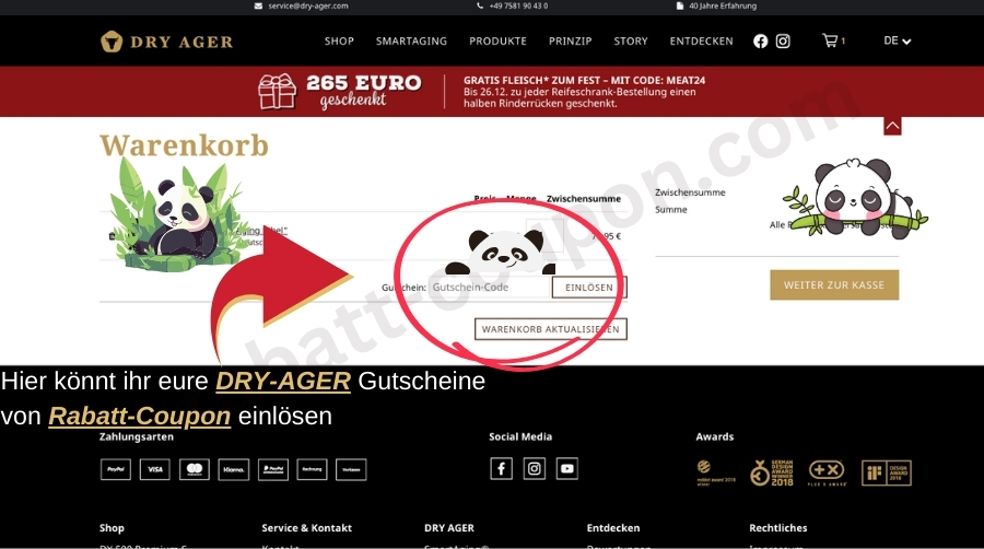 Man sieht die Webseite von DRY-AGER, bei der man im Warenkorb den Rabattcode einlösen kann