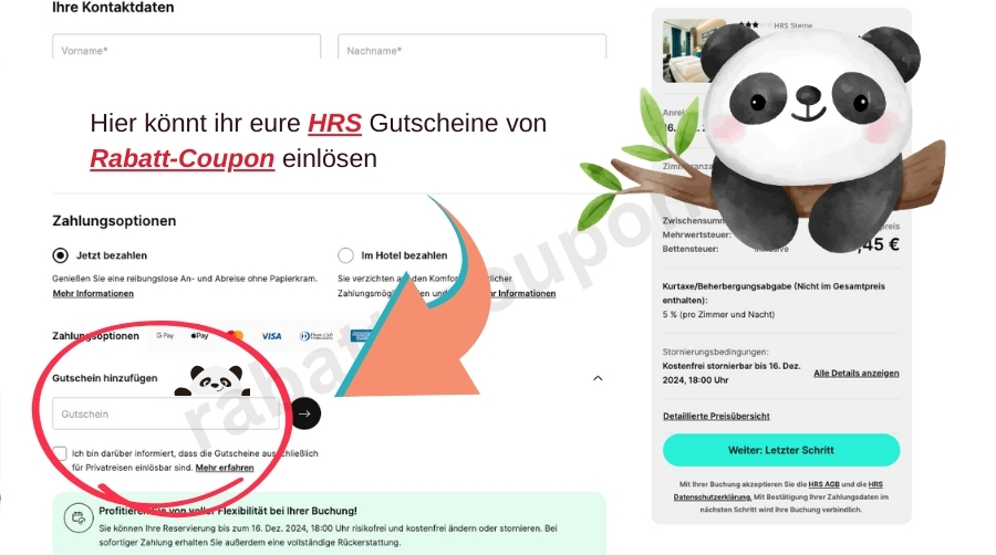 HRS Webseite, an der Kasse, Feld, in das der Rabattcode eingetragen werden kann, markiert