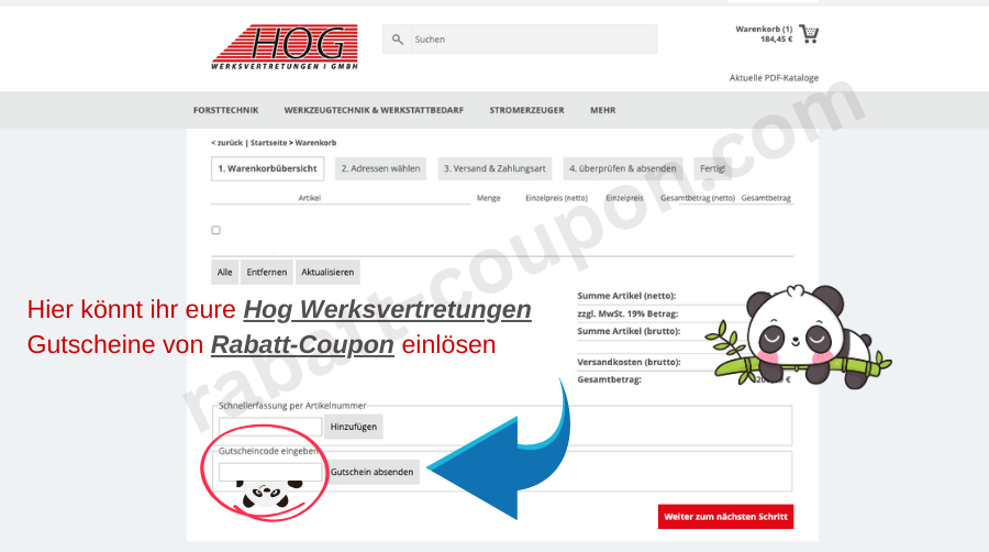 Hog Werksvertretungen Webseite, im Warenkorb ist Feld mit Rabattcode markiert