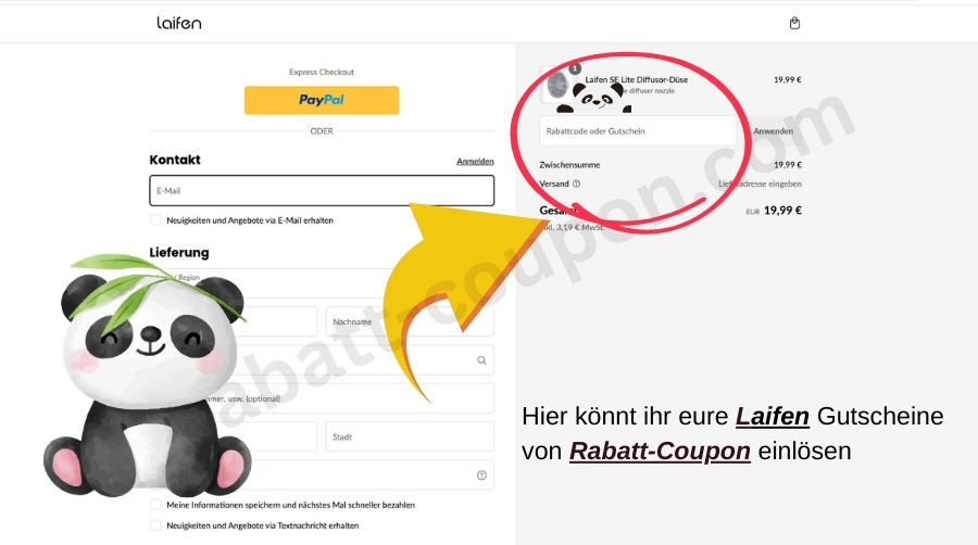 Laifen Webshop, Feld, in das der Rabattcode eingetragen werden kann, ist markiert, Panda