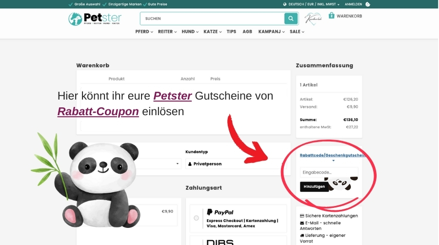 Petster Webseite, Panda und markiertes Feld, in das Rabattcodes eingefügt werden können