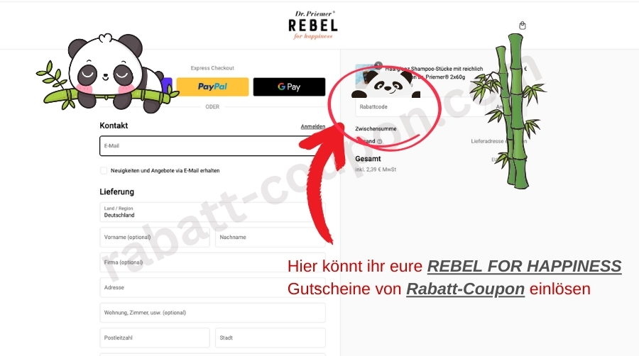 Im Warenkorb könnt ihr den REBEL FOR HAPPINESS-Gutscheincode von Rabatt-Coupon einlösen.