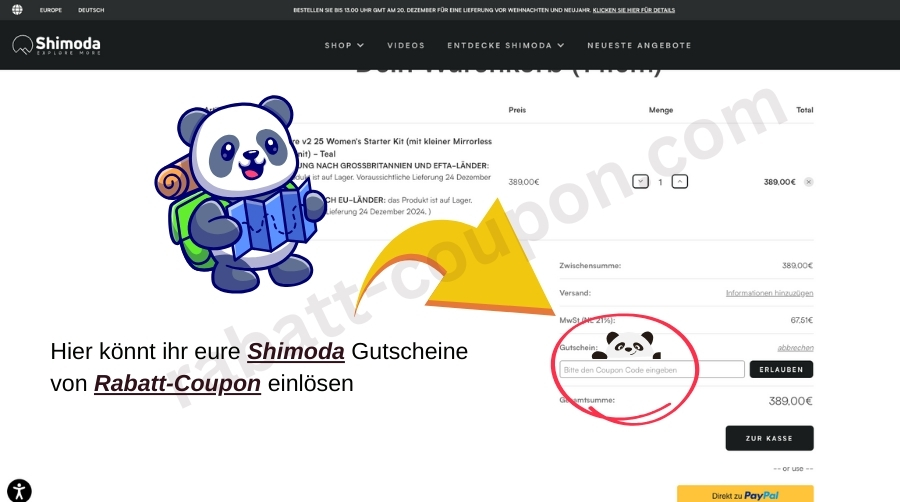 Webseite von Shimoda, das Feld in das der Rabattcode eingegeben werden kann, ist markiert