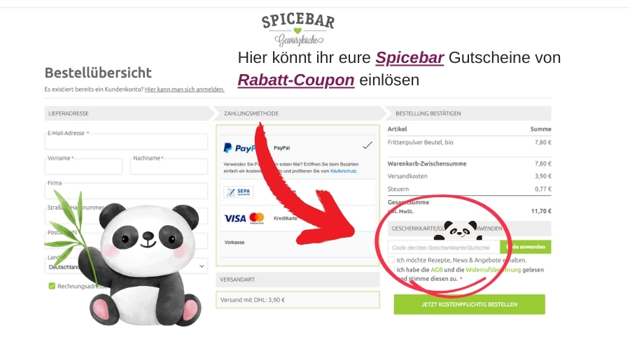 Spicebar Webseite, Feld markiert, in das der Code eingegeben werden kann