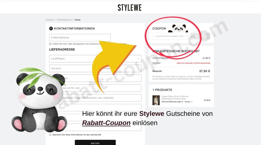 Auf der Webseite von Stylewe ist das Feld an der Kasse markiert, in das man den Rabattcode einfügen kann