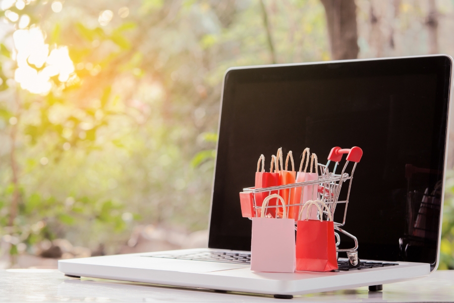 Laptop, Garten im Hintergund, Einkaufswagen mit vielen Taschen