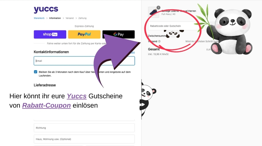 Yuccs Webseite, Feld, in das der Rabattcode eingefügt werden kann markiert