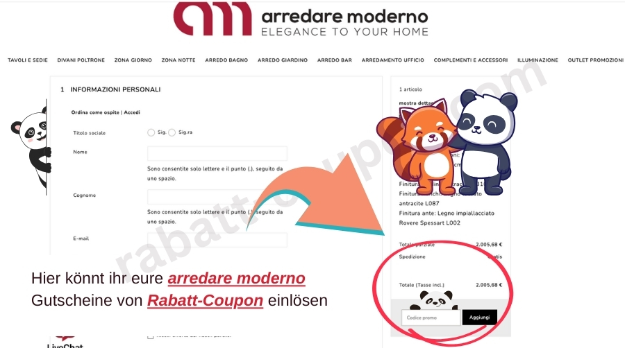 Webseite von arredare moderno, auf der zu sehen ist, wo der Rabattcode eingegeben werden muss