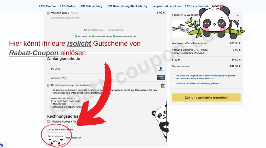 Webseite von isolicht mit markiertem Feld, in das der Rabattcode eingefügt werden kann