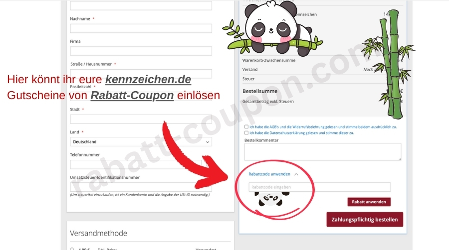 Im Warenkorb könnt ihr den Kennzeichen.de-Gutscheincode von Rabatt-Coupon einlösen.