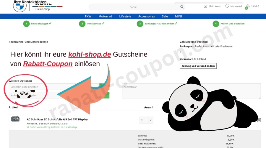 kohl-shop.de Webseite, an der Kasse, Feld markiert, in dem man die Gutscheincodes einfügen kann