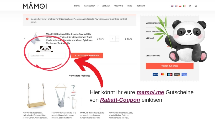 mamoi.me Webseite mit markiertem Feld, in das man den Gutscheincode einfügen kann