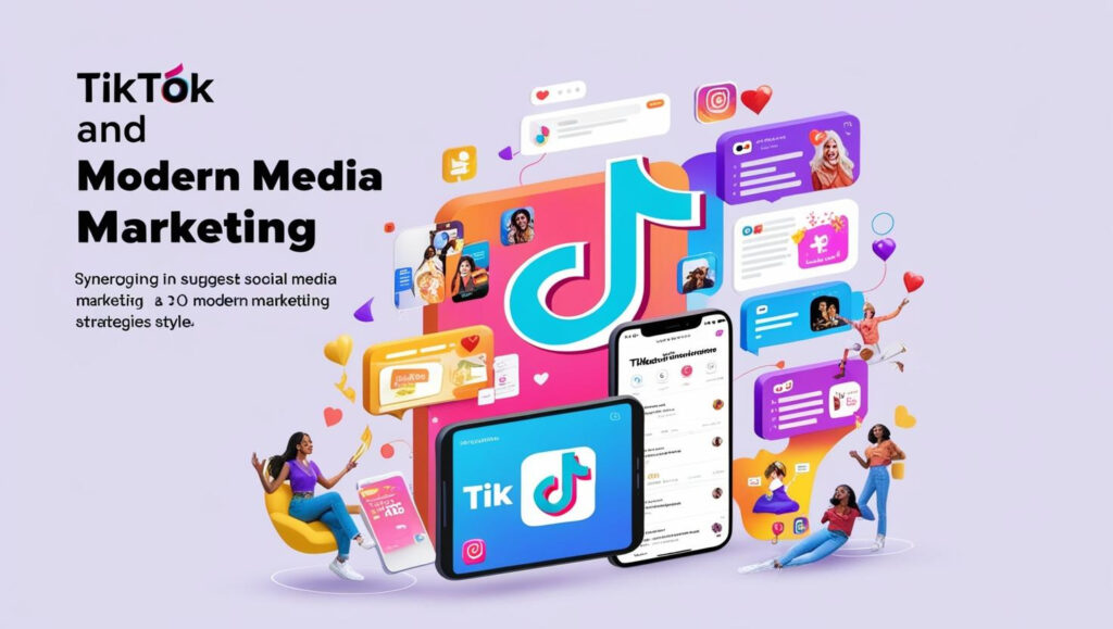 Ein farbenfrohes Bild mit dem Schriftzügen TikTok Media Marketing mit menschen und vielen anderen Browser Fenstern