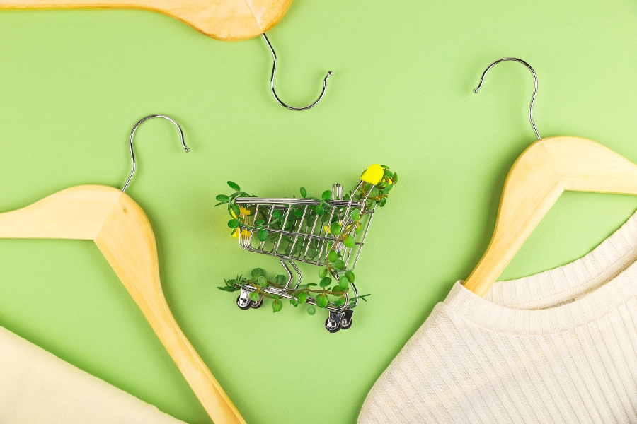 Einkaufswagen mit Pflanzen vor grünen Hintergrund, öko Kleidung