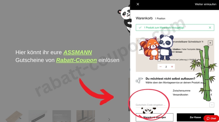 Im Warenkorb könnt ihr den ASSMANN-Gutscheincode von Rabatt-Coupon einlösen.