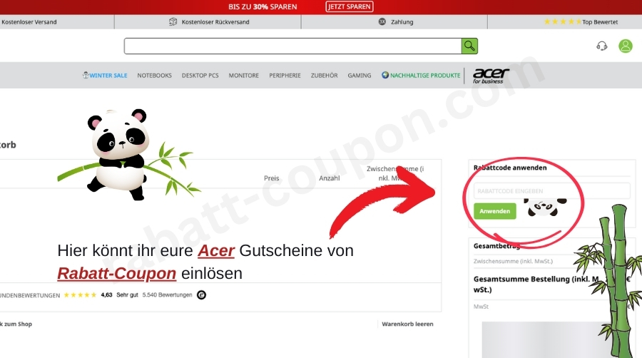 Im Warenkorb könnt ihr den Acer-Gutscheincode von Rabatt-Coupon einlösen.