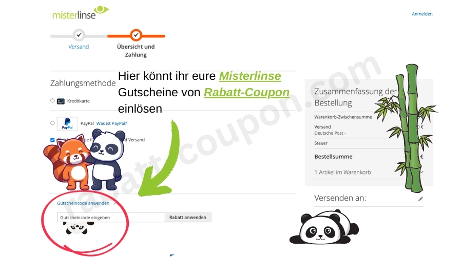 Im Warenkorb könnt ihr den Misterlinse-Gutscheincode von Rabatt-Coupon einlösen.