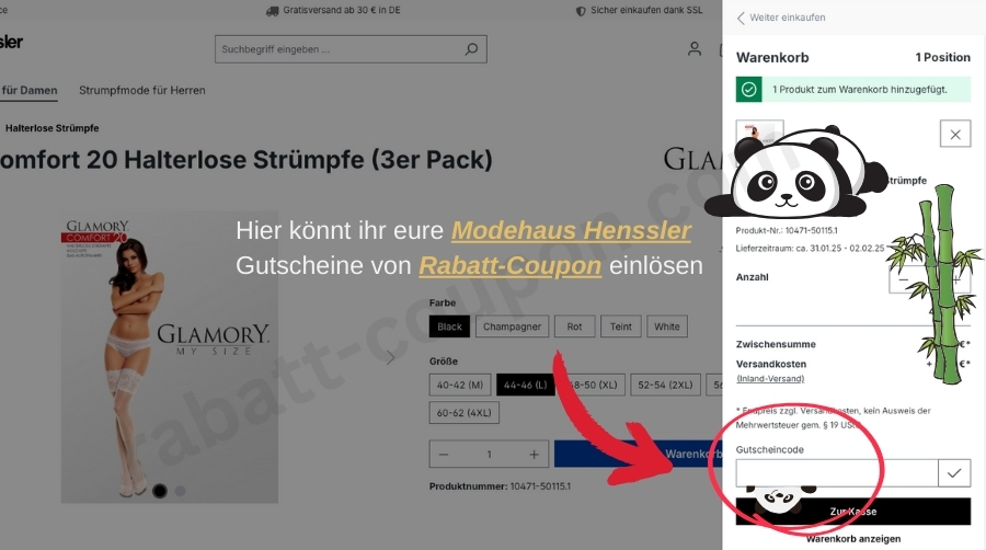 Im Warenkorb könnt ihr den Modehaus Henssler-Gutscheincode von Rabatt-Coupon einlösen.