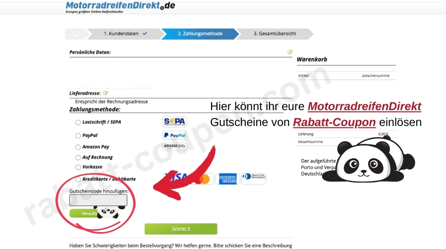 Im Warenkorb könnt ihr den Modehaus MotorradreifenDirekt -Gutscheincode von Rabatt-Coupon einlösen.