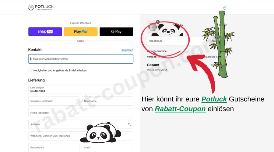 Im Warenkorb könnt ihr den Potluck-Gutscheincode von Rabatt-Coupon einlösen.