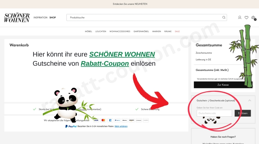 Im Warenkorb könnt ihr den SCHÖNER WOHNEN-Gutscheincode von Rabatt-Coupon einlösen.