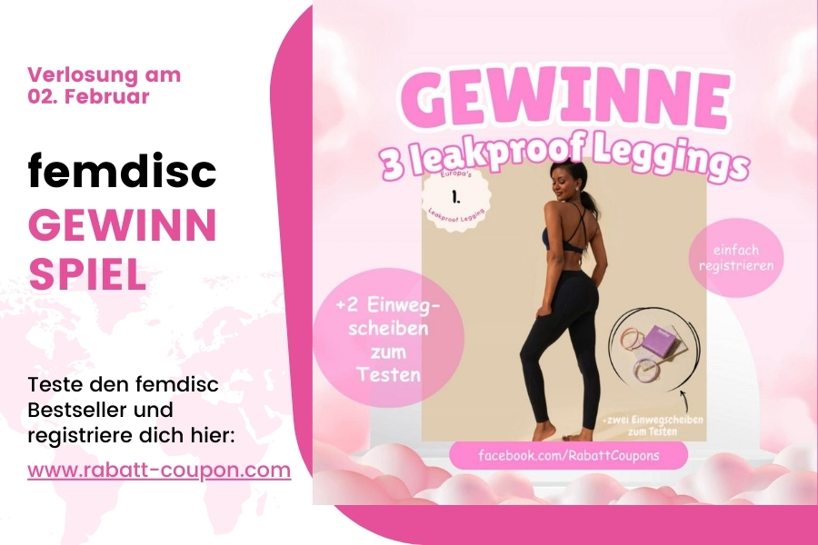 femdisc Gewinnspiel am 2. Februar 2025, zu gewinnen sind drei leakproof Leggins, rosa Hintergrund