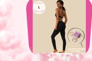 Frau mit schwarzer Leakproof Legging, rosa Wolken im Hintergrund