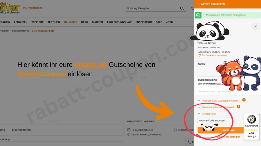 Im Warenkorb könnt ihr den inhofer.de-Gutscheincode von Rabatt-Coupon einlösen.