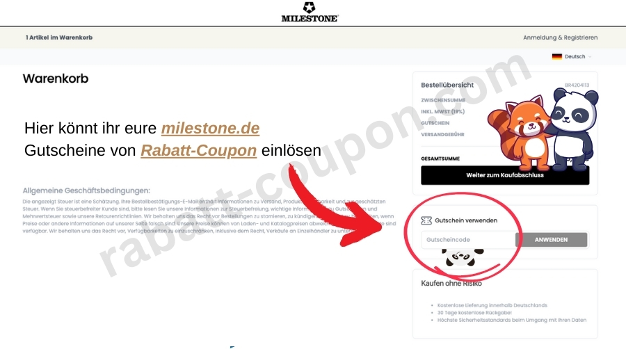 Im Warenkorb könnt ihr den milestone.de -Gutscheincode von Rabatt-Coupon einlösen.
