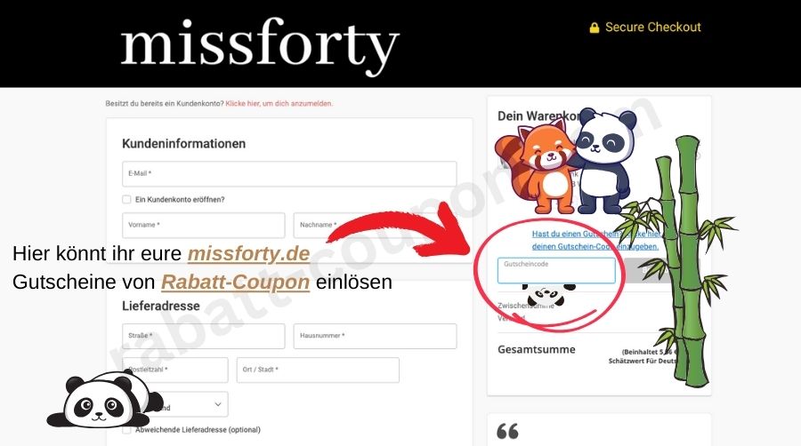 Im Warenkorb könnt ihr den missforty.de-Gutscheincode von Rabatt-Coupon einlösen.