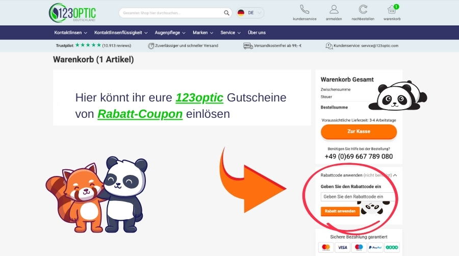 Im Warenkorb könnt ihr den 123optic-Gutscheincode von Rabatt-Coupon einlösen.