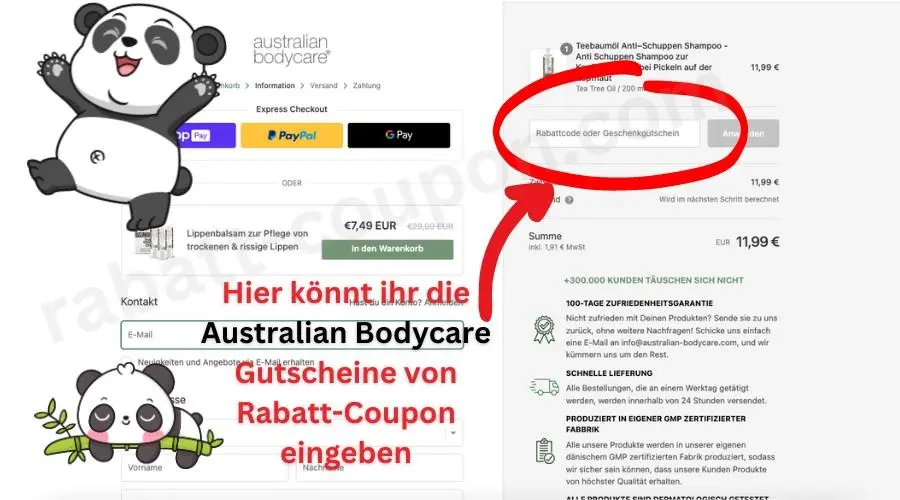 Australian Bodycare Gutschein einlösen im Warenkorb. So gehts Screenshot mit Panda und Pfeil.