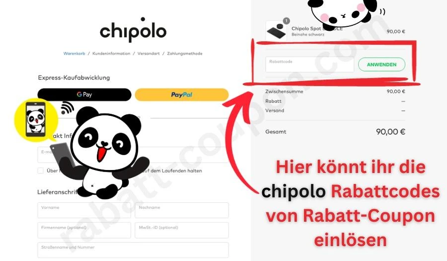 Chipolo Rabattcode Gutschein einlösen im Warenkorb. So gehts Screenshot mit Panda und Pfeil.