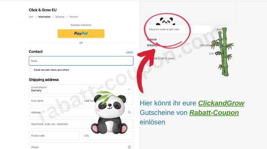 Im Warenkorb könnt ihr den ClickandGrow-Gutscheincode von Rabatt-Coupon einlösen.