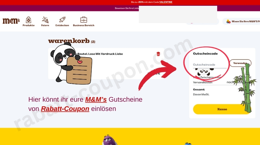 Im Warenkorb könnt ihr den M&M’s-Gutscheincode von Rabatt-Coupon einlösen.