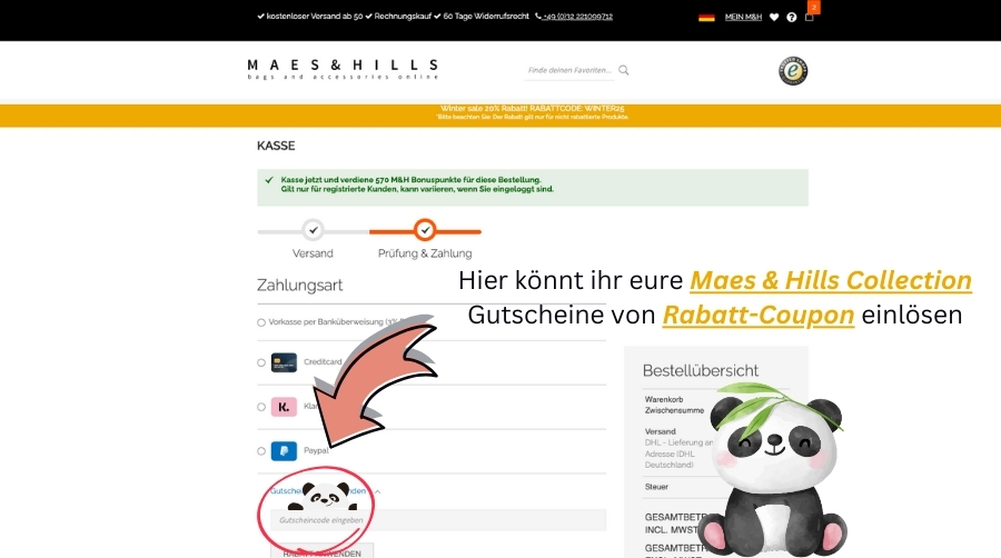 Im Warenkorb könnt ihr den Maes & Hills Collection-Gutscheincode von Rabatt-Coupon einlösen.