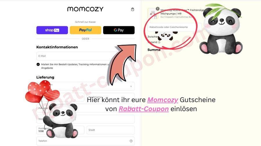 Im Warenkorb könnt ihr den Momcozy-Gutscheincode von Rabatt-Coupon einlösen.