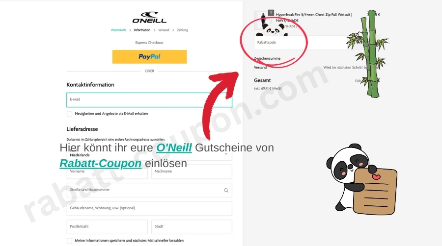 Im Warenkorb könnt ihr den O'Neill-Gutscheincode von Rabatt-Coupon einlösen.