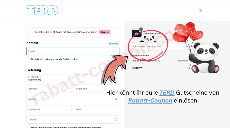 Im Warenkorb könnt ihr den TERD-Gutscheincode von Rabatt-Coupon einlösen.