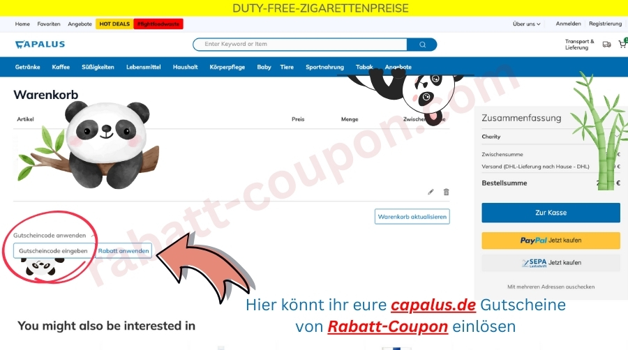 Im Warenkorb könnt ihr den capalus.de-Gutscheincode von Rabatt-Coupon einlösen.