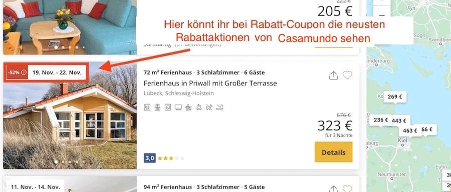 Casamundo Gutschein einlösen im Warenkorb. So gehts Screenshot mit Panda und Pfeil.