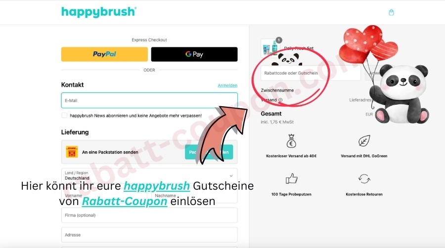 Im Warenkorb könnt ihr den happybrush-Gutscheincode von Rabatt-Coupon einlösen.