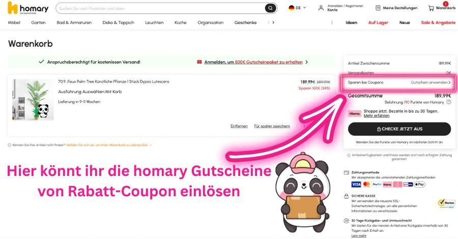 homary Gutschein einlösen im Warenkorb. So gehts Screenshot mit Panda und Pfeil.