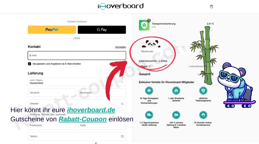 Im Warenkorb könnt ihr den ihoverboard.de-Gutscheincode von Rabatt-Coupon einlösen.