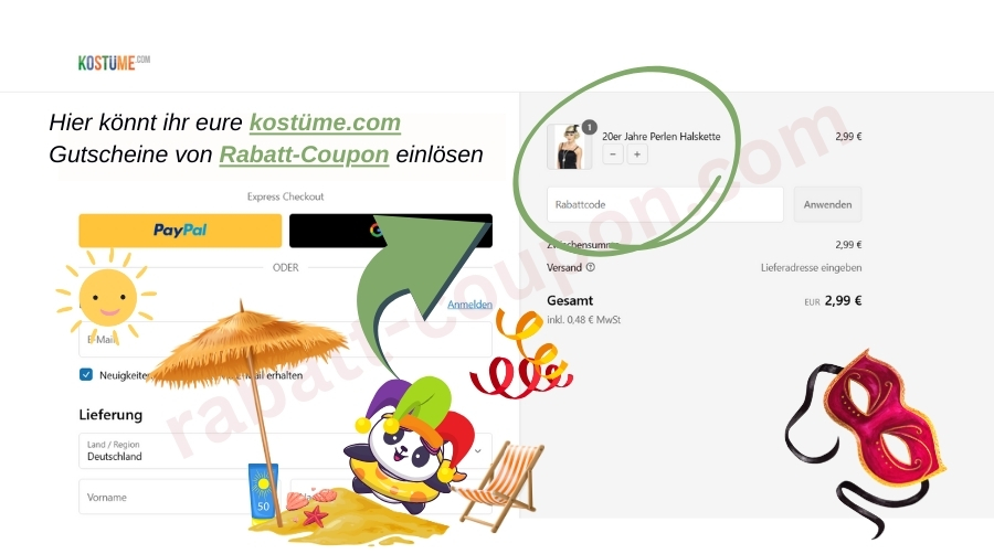 kostüme.com Gutschein einlösen im Warenkorb. So gehts Screenshot mit Panda und Pfeil.